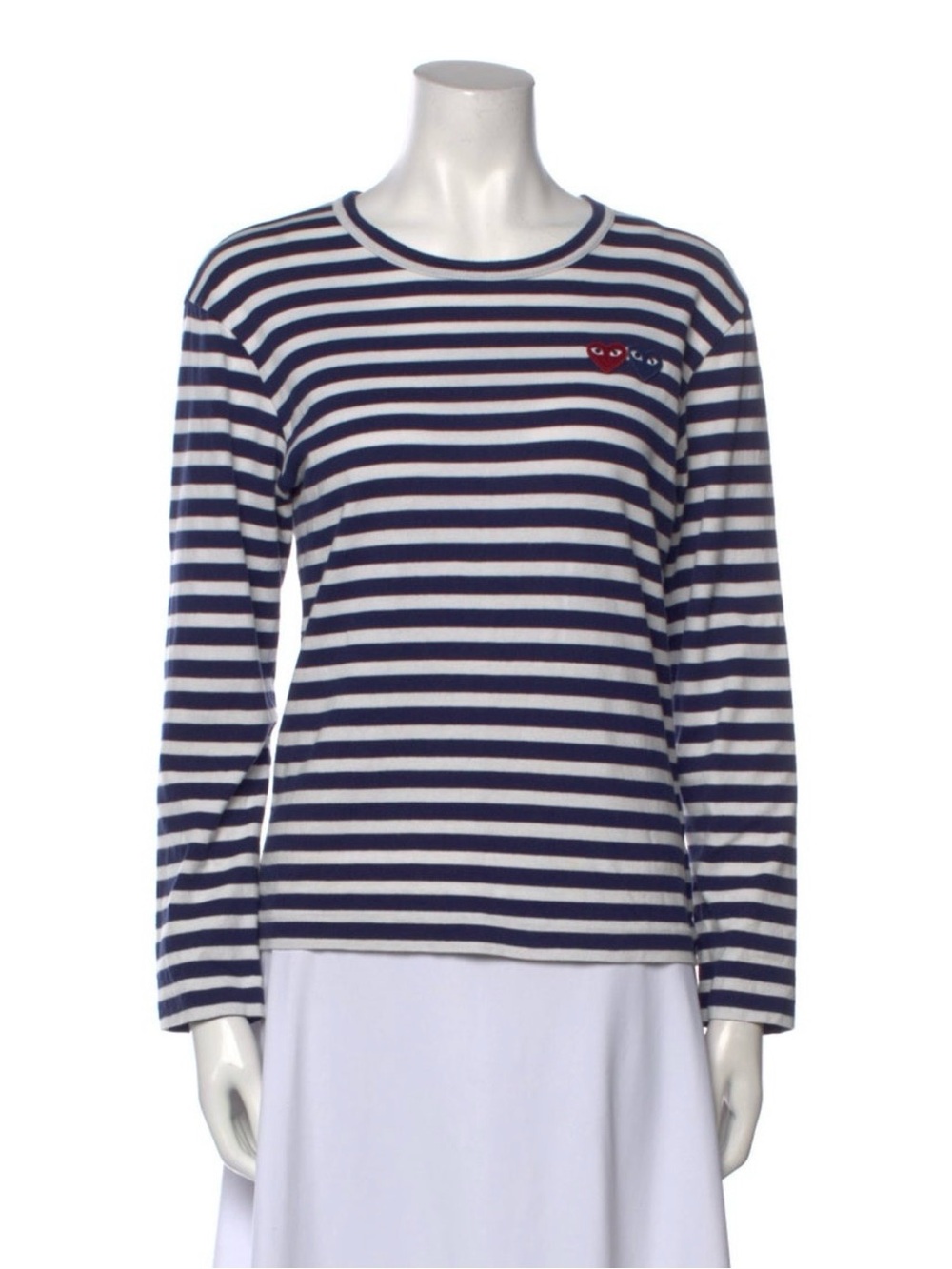 Comme des Garçons Navy and White Striped Long-Sleeve Tee W/ Red and Blue Hearts